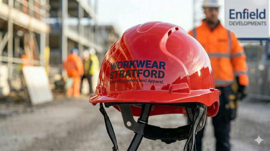 WorkWear Stratford branded safety hard hat on a building site